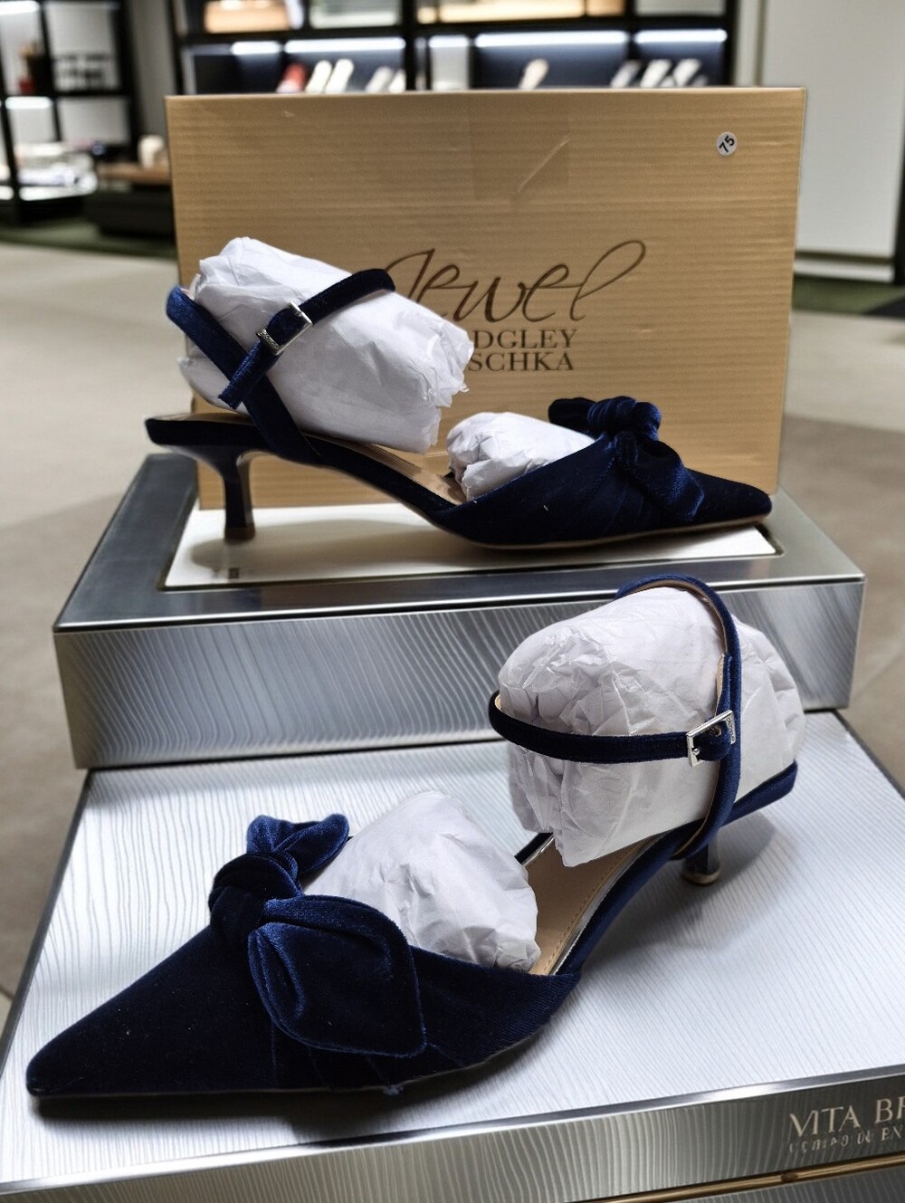 JEWEL BADGLEY MISCHKA EMBER NAVY VELVET DRESS EVENING PUMPS WOMEN'S SZ 8 🆕️